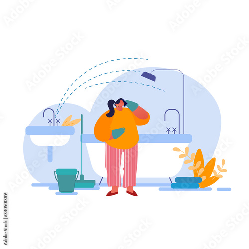 Sad Housewife Character in Rubber Gloves Need Plumbing Help with Broken Sink Pipe Accident in Bathroom Call to Handyman Service Company Order. Woman Put Bucket to Leakage. Cartoon Vector Illustration