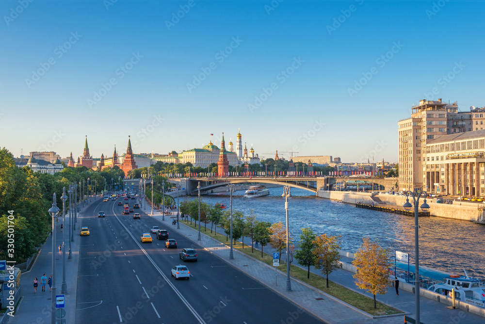 moscow cityscape, view of Moscow Kremlin and embankment of Mosco