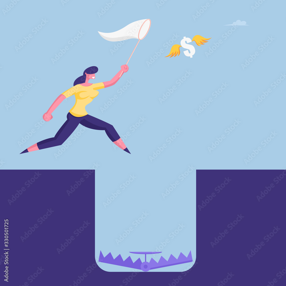 Businesswoman Character in Formal Suit Catching Flying Dollar with Net Ignoring Hole with Trap on Bottom. Careless Business Woman Problem Ignorance, Searching Solution. Cartoon Vector Illustration