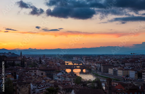 Amazing panoramic night view of Florence city, Italy with the river Arno and Ponte Vecchio. © Jess_Ivanova