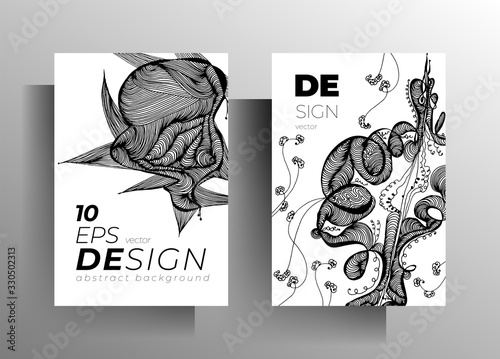 Cover design for book, magazine, brochure catalog template set. Monochrome graphic elements are manually drawn. Vector 10 EPS. 