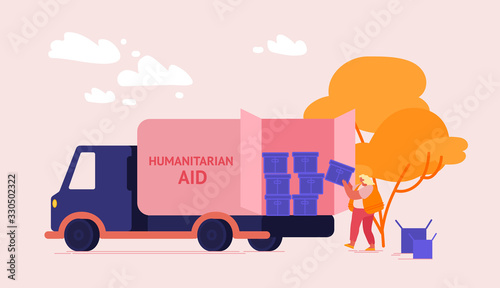 Volunteer Character Unloading Donation Humanitarian Aid Boxes. Distribution of Food and Basic Necessities to Refugees, Poor People in Need and Vulnerable Social Groups. Cartoon Vector Illustration