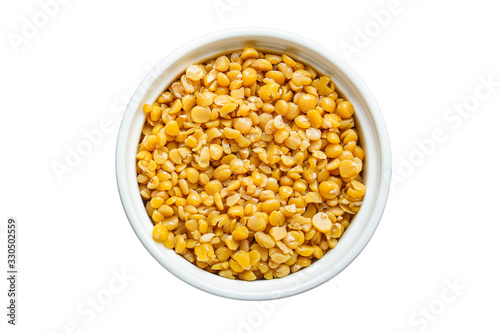 dry yellow peas boiled porridge healthy food (meat product sausage) menu concept background. top view. copy space for text