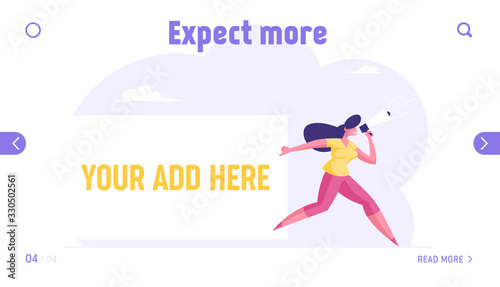 Public Relations and Business Affairs Landing Page Template. Woman Character Yelling to Megaphone Drag Huge Ad Banner. Communication Pr Agency Advertising Alert, Promotion. Cartoon Vector Illustration