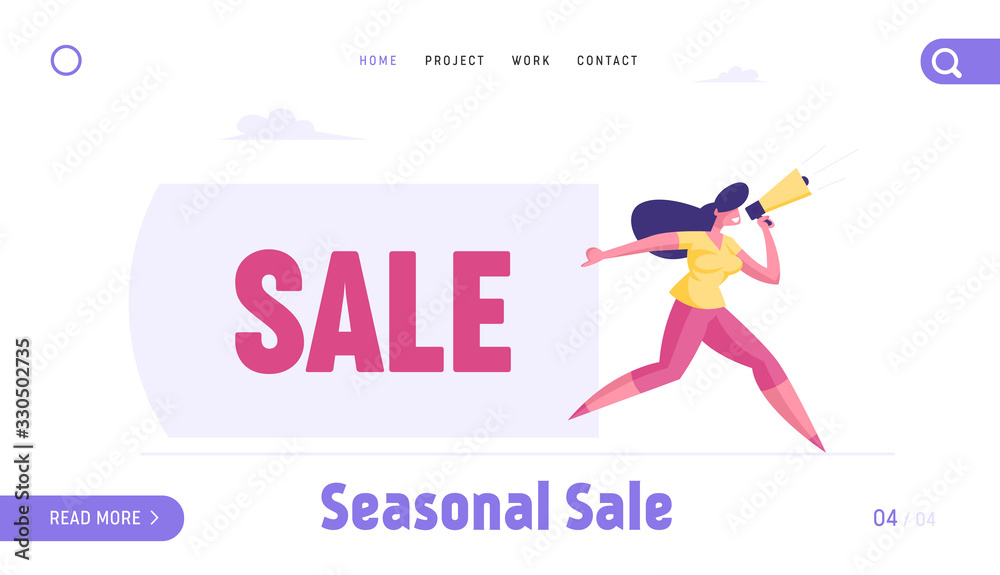Discount Advertising Alert Business Landing Page Template. Woman Character Shouting to Megaphone Pulling Huge Banner with Sale Typography. Public Relation Ads Promo Poster. Cartoon Vector Illustration