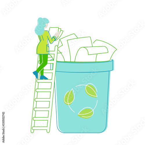 Tiny Female Character Throw Paper Garbage into Huge Litter Bin with Recycle Sign. City Dweller Collecting Trash. Waste Recycling, Pollution and Ecology Protection Concept. Linear Vector Illustration
