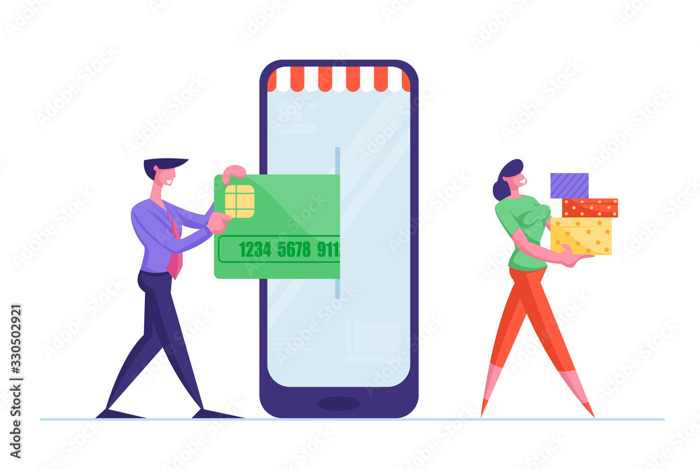 Businessman Character Enter Credit Card to Smartphone Screen for Goods  Wireless Payment, Woman Carry Purchases. Online App for Shopping, Digital  E-Commerce Sales. Cartoon People Vector Illustration Stock Vector | Adobe  Stock