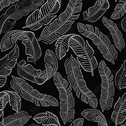 Tropical, abstract, chalk fashion vector seamless patten on black background. Concept for wallpaper, wrapping paper, cards 
