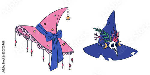 Isolated vector illustration of witch hats. Good witch cute headwear - lace, pendants, stars. Hag worn cap - bird skull, branches, crescent. Halloween idea, concept for badges, stickers and print