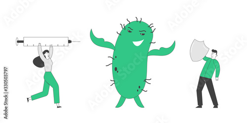 Epidemic Disease and Vaccination Concept. Huge Green Microbe Character Fighting with People Attacking with Medicine in Syringe and Protecting with Shield from Bacterium. Linear Vector Illustration