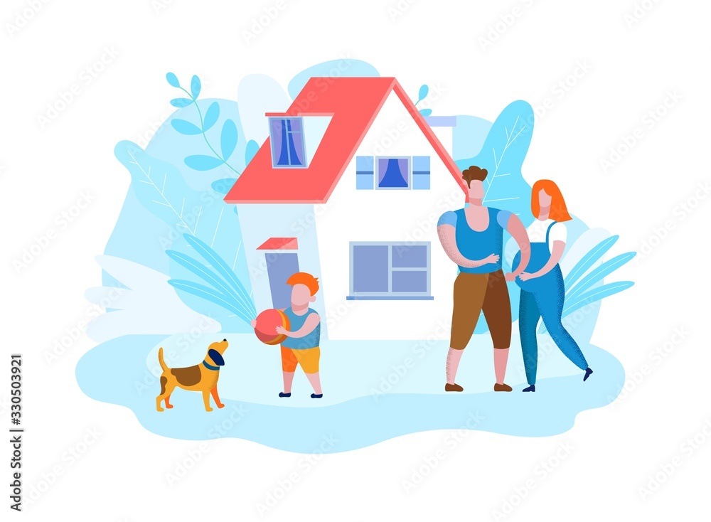 Naklejka premium Pregnant Woman and Man. Child with Ball Playing with Dog near House. Vector Illustration. Purchase Housing. New House. Family Walk. People Walk in Park. Family with Child. Rest Vacation Home.