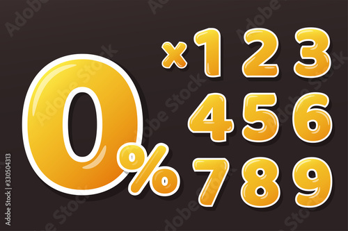 Golden Yellow Honey Figures Set With 0 percent sign and multiply numbers. Isolate on background.