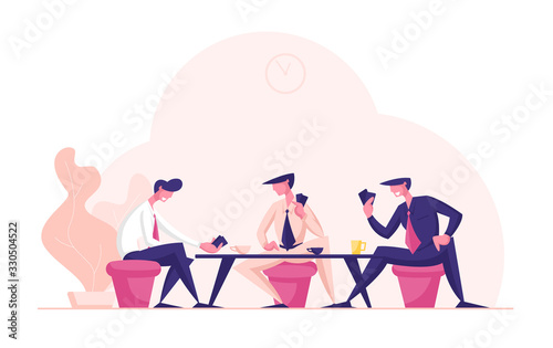 Business People Wear Formal Suits Sitting at Table Playing Cards during Coffee Break. Businessmen Characters Relaxing and Having Fun, Communicating and Chatting in Office. Cartoon Vector Illustration