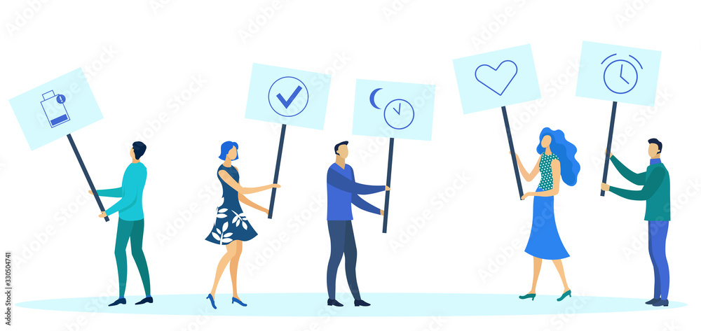 Smartphone Notifications Metaphoric Illustration. Cartoon People Holding Sign Plates with Icons Flat Characters. Low Battery, Message Sent, Like, Alarm Clock Pictograms for Mobile Gadgets, Smartwatch