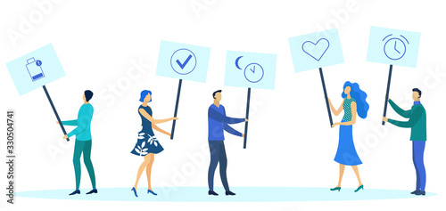 Smartphone Notifications Metaphoric Illustration. Cartoon People Holding Sign Plates with Icons Flat Characters. Low Battery, Message Sent, Like, Alarm Clock Pictograms for Mobile Gadgets, Smartwatch