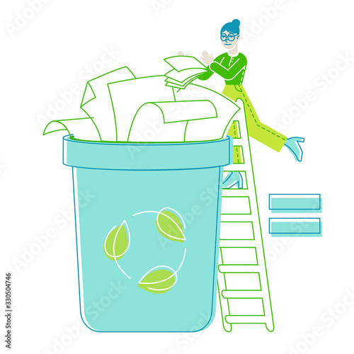Female Character Throw Paper Trash into Litter Bin Container with Recycling Sign. Ecology Protection, Earth Pollution Problem. Woman Eco Activist, Waste Reuse Solution. Linear Vector Illustration