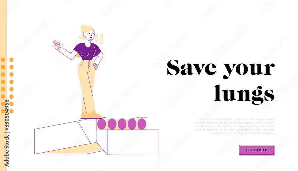 Smoking Addiction and Bad Unhealthy Habit Landing Page Template. Young Female Character Smoking Stand on Huge Cigarette Box. Addicted Woman Nicotine and Tobacco Smoker. Linear Vector Illustration Smoking Addiction and Bad Unhealthy Habit Landing Page Template. Young Female Character Smoking Stand on Huge Cigarette Box. Addicted Woman Nicotine and Tobacco Smoker. Linear Vector Illustration