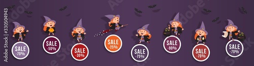 Halloween sale discounts set of round banners with cute witch and bat