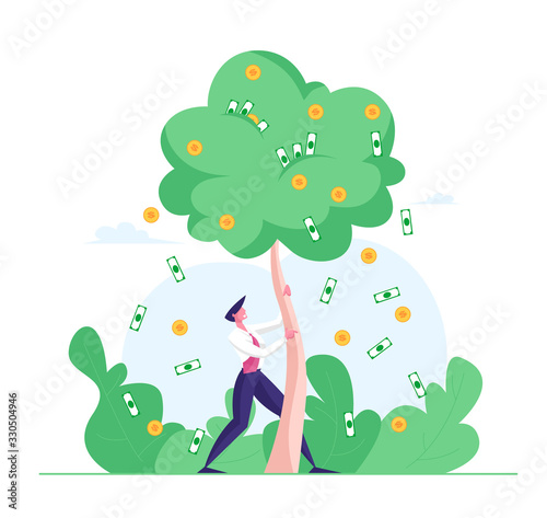 Businessman Character Shaking Money Tree with Dollar Banknotes and Coins Falling from Branches. Return on Investment, Savings, Finance Freedom Concept. Man Growing Wealth. Cartoon Vector Illustration