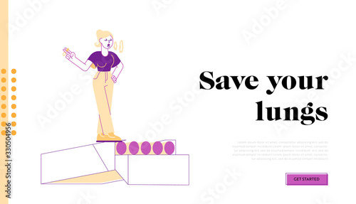 Smoking Addiction and Bad Unhealthy Habit Landing Page Template. Young Female Character Smoking Stand on Huge Cigarette Box. Addicted Woman Nicotine and Tobacco Smoker. Linear Vector Illustration