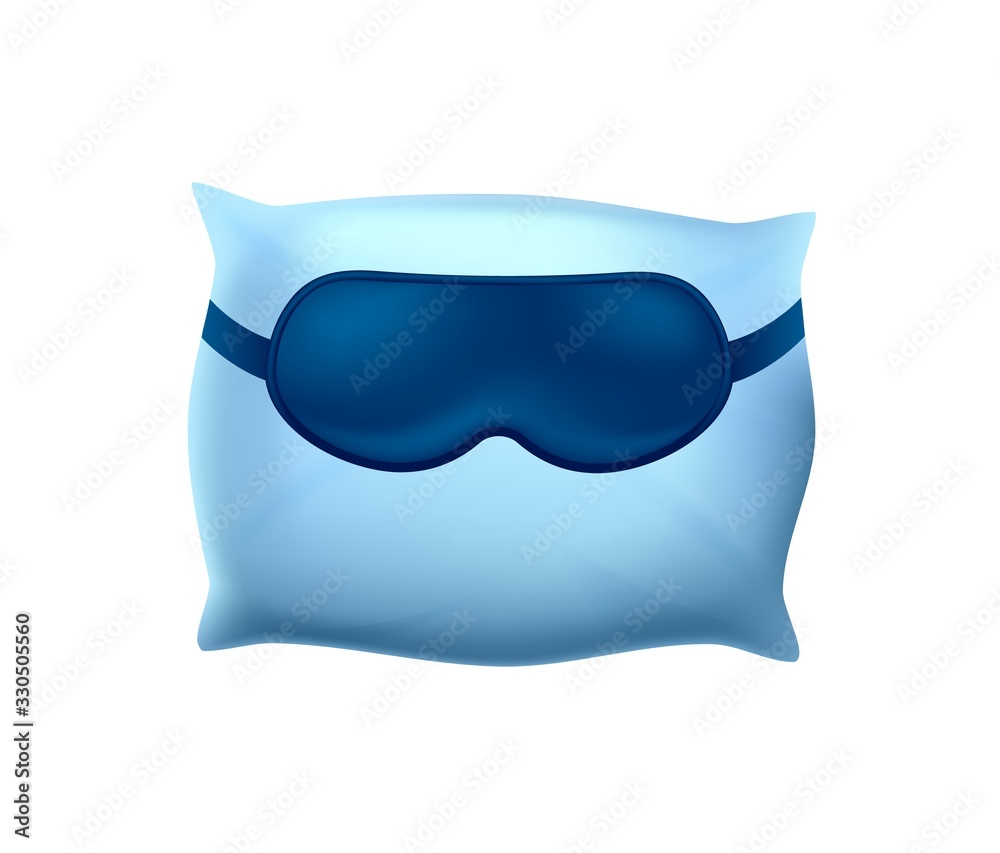 Sleeping Mask on Blue Pillow on White Background. Cotton Pillowcase. Orthopedic Pillow 3D Image. Healthy Sleep. Sweet Dreams. Advertising Image. Anatomical Form. Vector Illustration. Sleeping Mask on Blue Pillow on White Background. Cotton Pillowcase. Orthopedic Pillow 3D Image. Healthy Sleep. Sweet Dreams. Advertising Image. Anatomical Form. Vector Illustration.