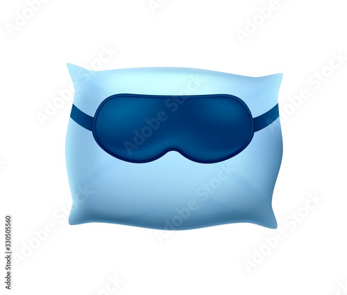 Sleeping Mask on Blue Pillow on White Background. Cotton Pillowcase. Orthopedic Pillow 3D Image. Healthy Sleep. Sweet Dreams. Advertising Image. Anatomical Form. Vector Illustration.