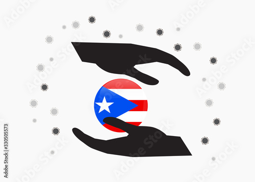 Hand holding Puerto rico flag in cycle symbol, Protect  Puerto rican people from coronavirus or COVID-19 concept, Save Puerto rico, sign symbol background, vector illustration. 