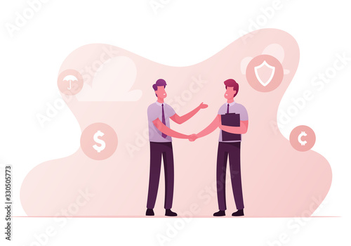 Aviation Accident Insurance Concept. Agent Character with File Folder in Hand Shake Hand to Client. Life and Health Financial Guarantee Contract, Handshake, Deal. Cartoon People Vector Illustration