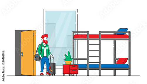 Young Male Character with Luggage Enter Hostel Room with Bunk Bed for Staying at Night. Traveler Hipster Move to Cheap Guesthouse or Dormitory Bedroom. Hospitality Service. Linear Vector Illustration