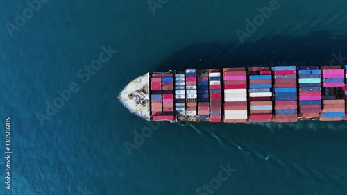 Aerial top view of cargo container ship working. Container bulk or Cargo Ship Large vessel running to yard port concept freight shipping ship.  forwarder mast. import export