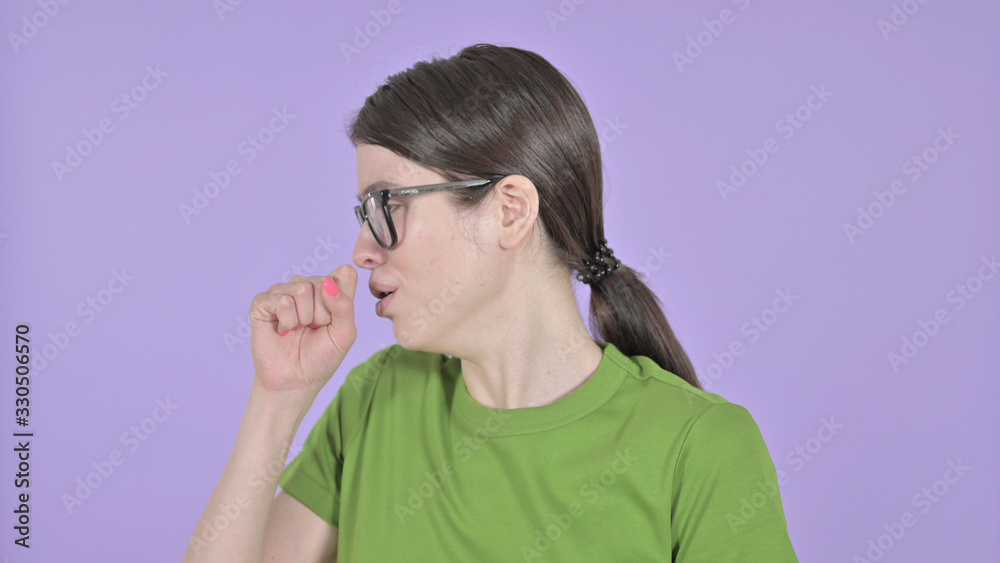 The Sick Young Woman having Coughing on Purple Background The Sick Young Woman having Coughing on Purple Background