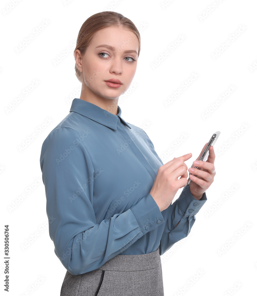Young businesswoman with mobile phone on white background Young businesswoman with mobile phone on white background