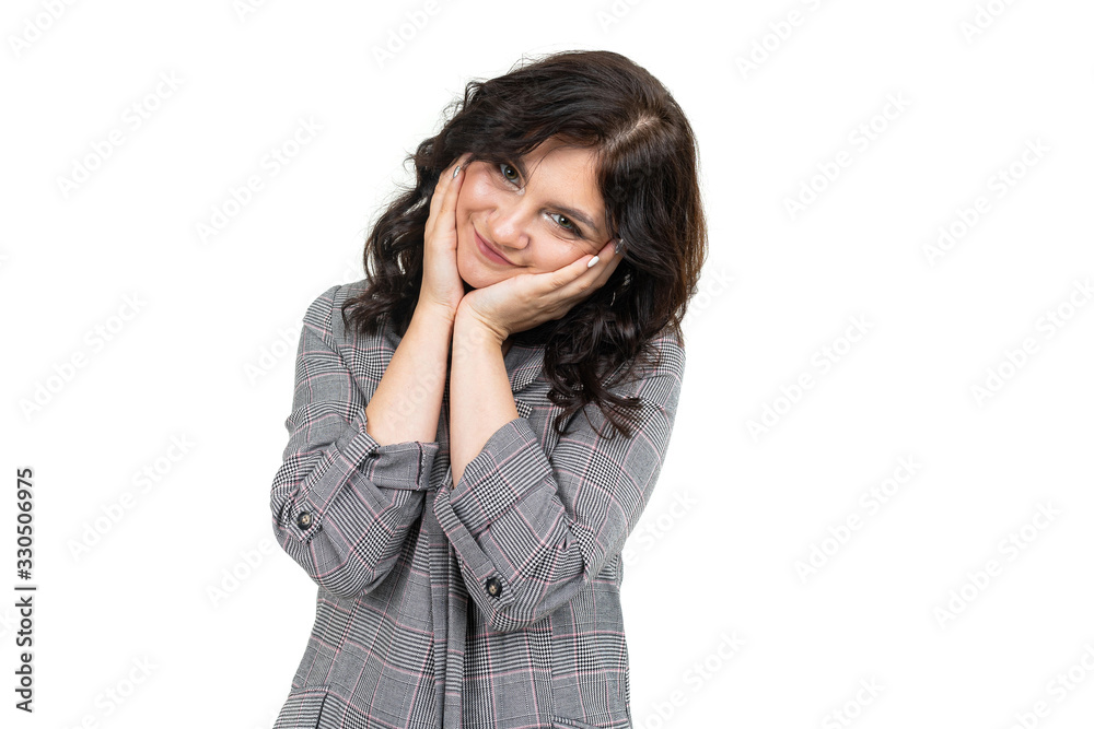 smiling cute girl in a classic plaid jacket on a white background smiling cute girl in a classic plaid jacket on a white background