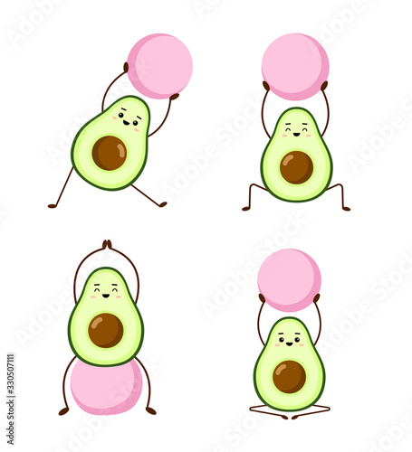 Set of avocado yoga with pink fitball. Avocado character on white background. Morning exercises or yoga for pregnant women. Cute illustration for greeting cards, stickers, websites and prints.