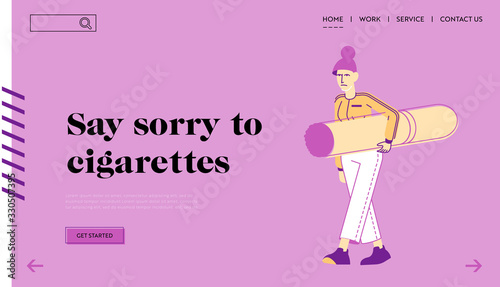 Smoking Addiction and Bad Unhealthy Habit Landing Page Template. Addict Female Character Carry Huge Cigarette in Hands. Addicted Woman with Nicotine and Tobacco Product. Linear Vector Illustration