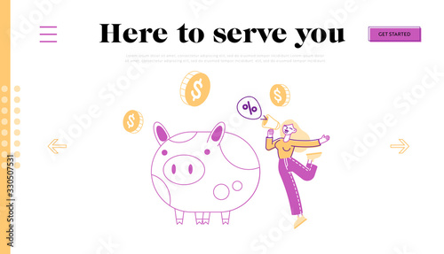 Bonus Card, Loyalty Program, Earn Reward, Redeem Gift Concept. Tiny Female Character Promoter Shout to Megaphone Near Huge Piggy Bank. Woman Promo Announcement in Store. Linear Vector Illustration