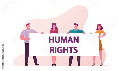 Human Right Concept. Protesting People with Placards and Signboard on Strike or Demonstration. Male and Female Characters Stand with Banner on Demonstration Riot, Picket. Cartoon Vector Illustration