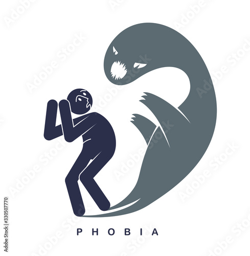 Psychical problems such as phobia psychosis schizophrenia hallucinations vector concept illustration in flat trendy style, psychiatry and psychology allegory, man with monster from his head.