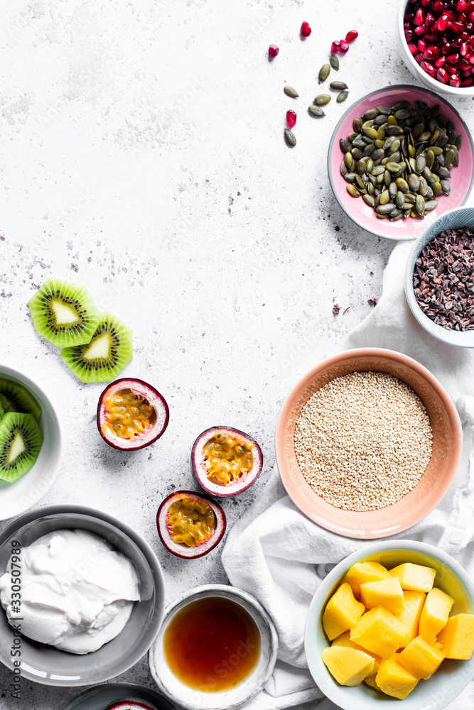 Ingredients for a Tropical Quinoa, Yoghurt And Fruit Breakfast Bowl Ingredients for a Tropical Quinoa, Yoghurt And Fruit Breakfast Bowl