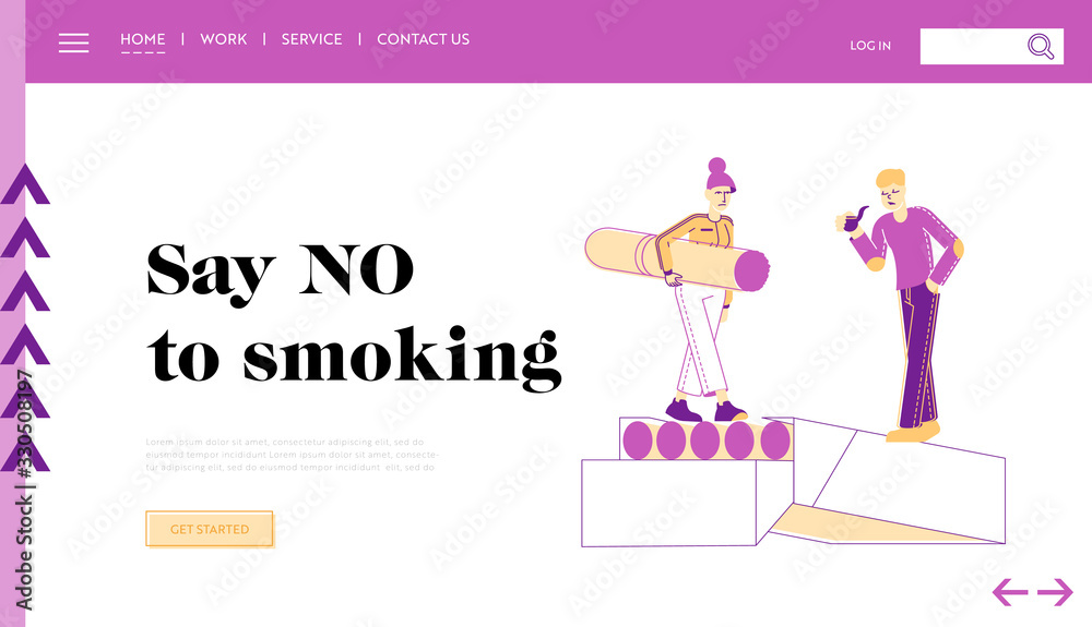 People Characters Tobacco Addiction Landing Page Template. Woman with Cigarette, Man with Pipe Smoke in Public Place. Smoking Social Problem, Unhealthy Bad Habit Damage. Linear Vector Illustration