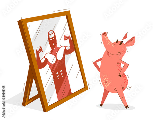 Funny cartoon pig stands in front of mirror confident seeing himself like strong muscular powerful man vector illustration, humorous self confidence concept animal swine character.