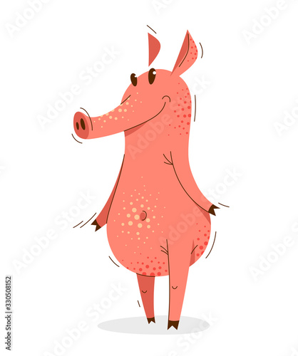 Funny cartoon pig standing adorable and humorous vector illustration, animal character swine drawing.