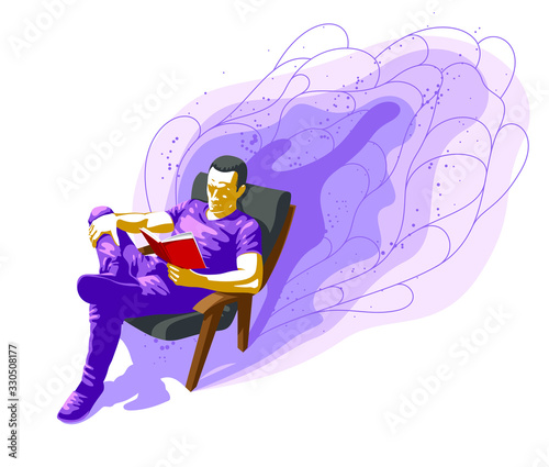 Young man reading psychological vector illustration isolated, esoteric or philosophical literature.