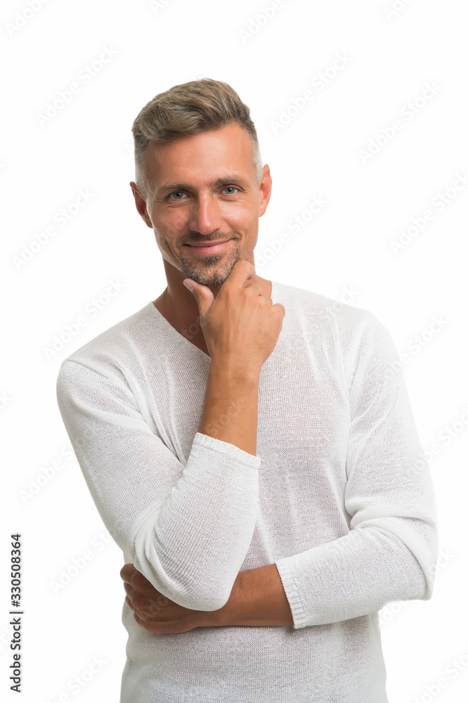 Beard growth. Happy guy touch beard hair isolated on white. Unshaven man with stubble beard and mustache. Barbershop. Beard grooming. Hair salon. Mens grooming products Beard growth. Happy guy touch beard hair isolated on white. Unshaven man with stubble beard and mustache. Barbershop. Beard grooming. Hair salon. Mens grooming products