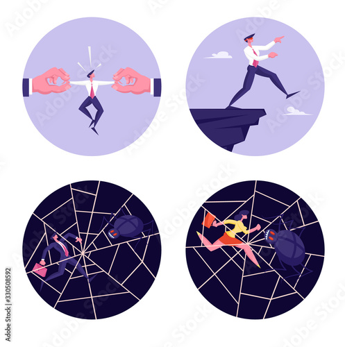 Set of Business People Characters in Danger Situation Stuck in Spider Web, Blindfolded Businessman Step to Abyss, Huge Hands Pull Man by Sides Isolated on White Background. Cartoon Vector Illustration