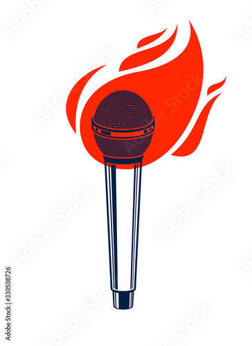 Microphone on fire, hot mic in flames, rap battle rhymes music, karaoke singing or standup comedy, vector logo or illustration, concert festival or night club label, t-shirt print.