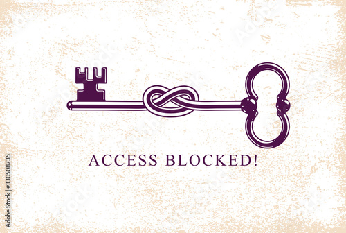 Access Denied, Knotted key allegorical symbol, vintage antique turnkey in a knot, blocked account, personal data protection, hacker and fraud attack, vector logo.