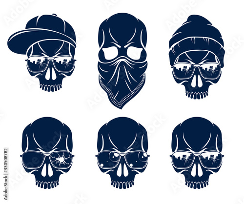 Gangster skull vector logos set, icons or tattoos, urban stylish aggressive criminal scull.