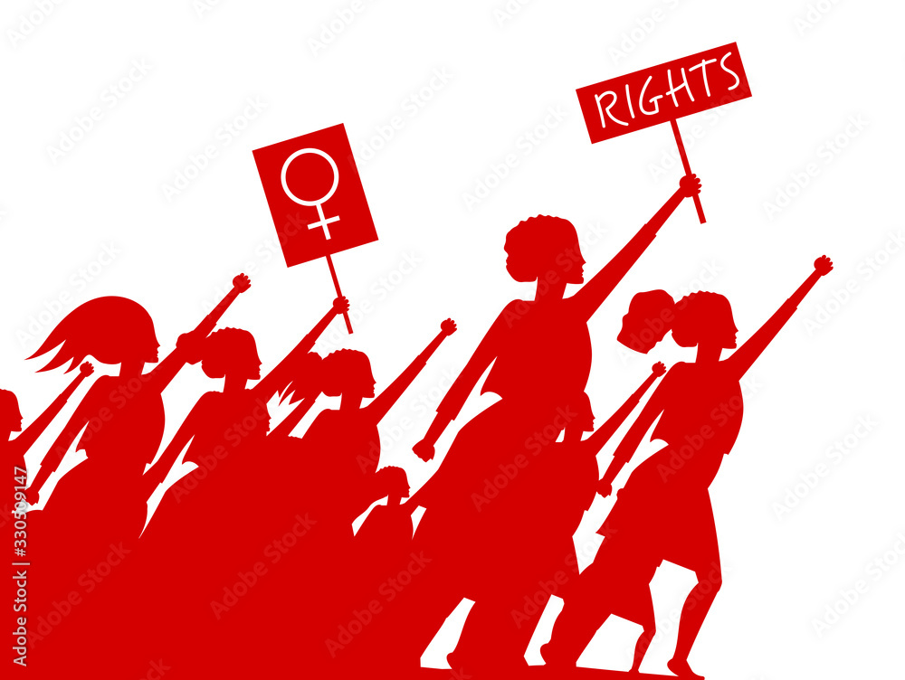 Feminist woman activist leading a crowd of people struggles for rights
