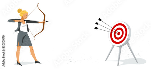 Business woman shooting a bow into a target vector illustration, ambitions career and goal concept, achievement businesswoman motivated for success.